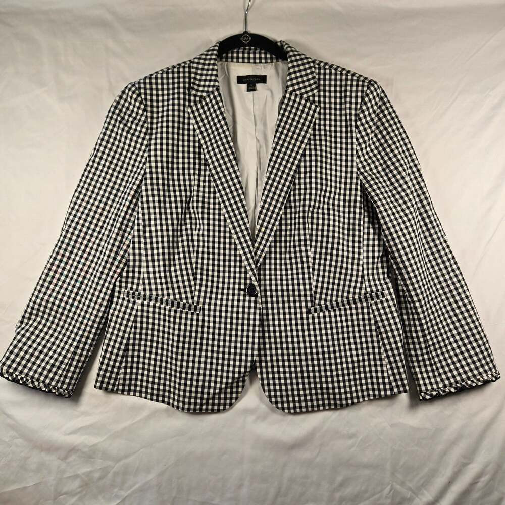 NWOT Ann Taylor Gingham Plaid Ruffle Trim Blazer Jacket Sz 14 Preppy Classic Fun
